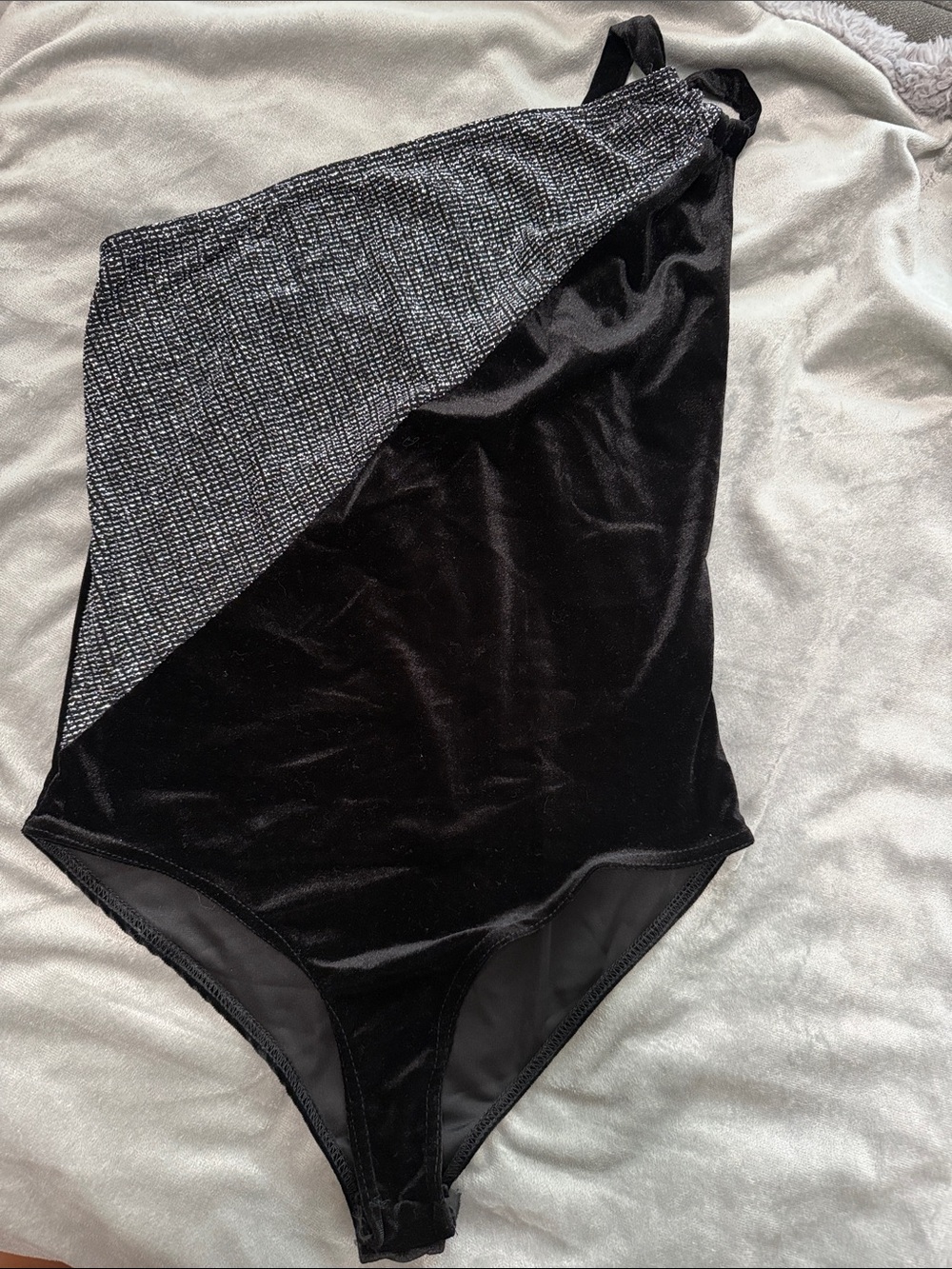 Nasty Gal Black Velvet One-Shoulder Bodysuit with Silver Sparkle Panel
